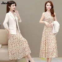 2022 spring and autumn new suit dress two piece womens elegant blazers floral skirt set french fashion office professional wear