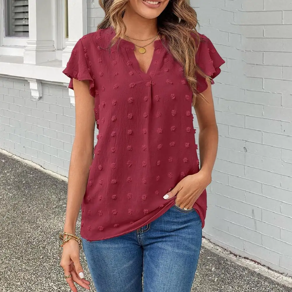 

Women Top Chic Women's V-neck Ruffle Tops Stylish Jacquard Short Sleeve Pullovers for Effortless Streetwear Fashion Jacquard