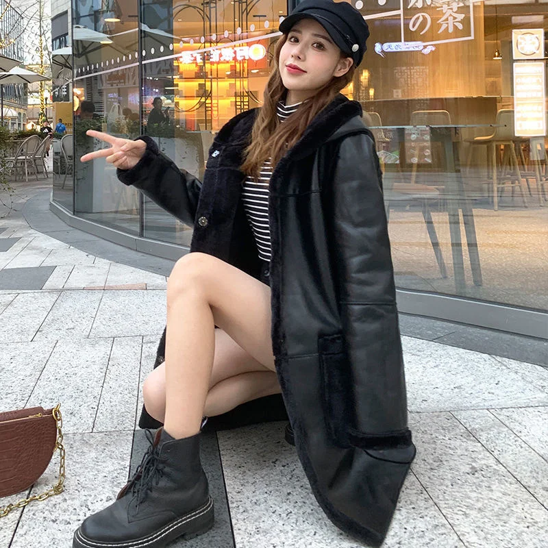 Winter Female 200 kg Hooded PU Leather Women Medium Long Imitation Fur One Coat Fur Shearling Slim Jacket  Women Stitching Coat