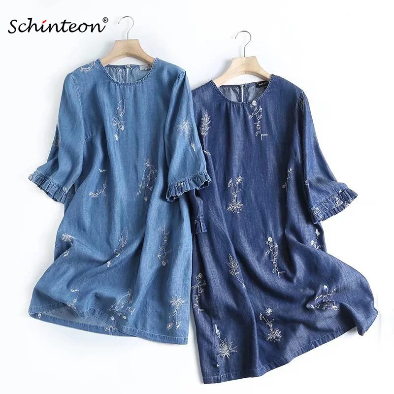

Schinteon Women Thin Denim Embroidery Dress Soft Jeans Ruffles Three Quarter Sleeved Casual Loose Vestido 2022 Summer New
