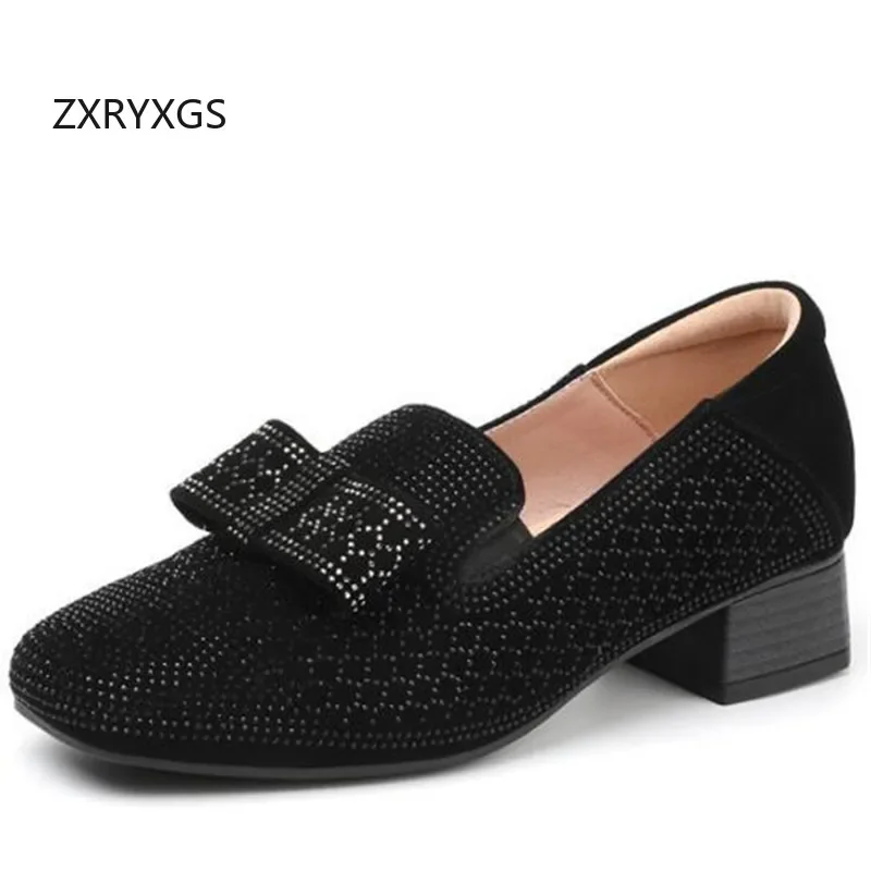ZXRYXGS Премиум Детские замшевые туфли со стразами черные из натуральной кожи на