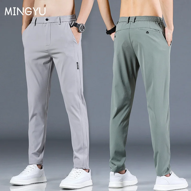 Mingyu Summer Men's Casual Pants Men Trousers Male Pant Slim Fit Work Elastic Waist Green Grey Light Thin Cool Trousers 28-38