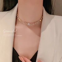 pure gold electroplating fashion simplepersonality necklace inlaid with diamond pearl temperament design sense of neckwear women