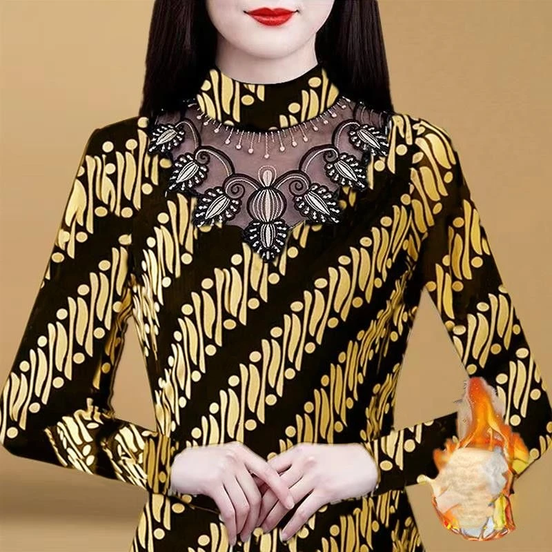 Осенняя женская футболка с воротником-хомутом, с вырезами, модная теплая нижняя рубашка, женские Топы с длинным рукавом и кружевным принтом G246