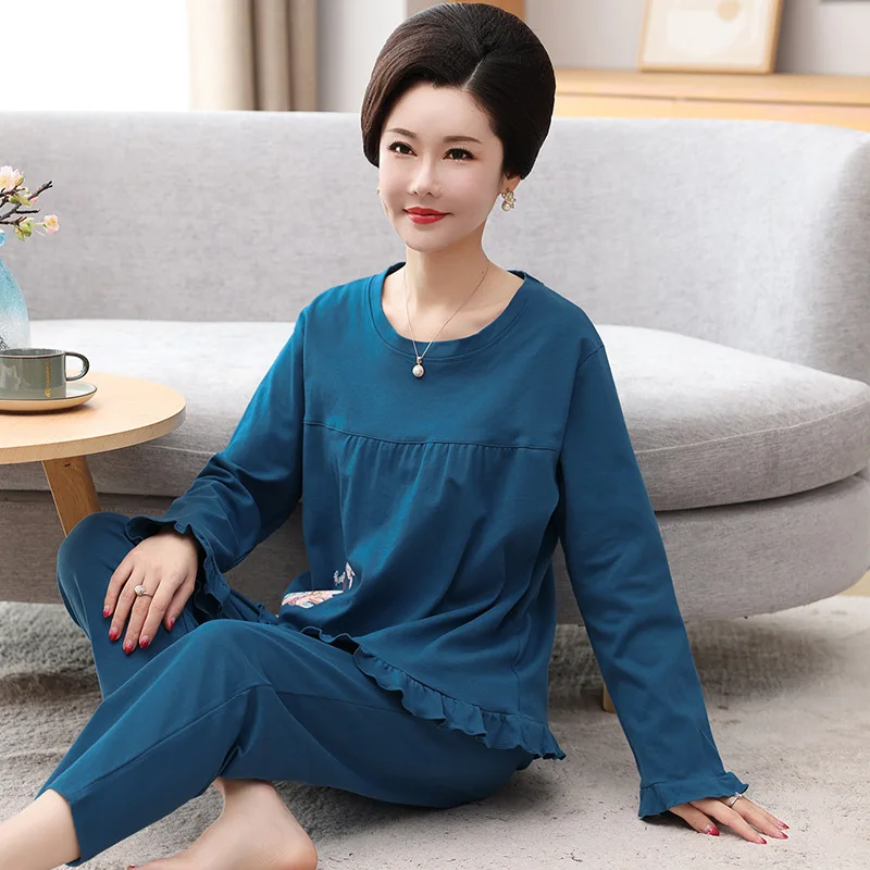 Casual Middle Aged Mother Pajamas Set Long Sleeve Sleepwear Pyjamas Women Spring Autumn Cotton Homewear Night Suit M-3XL
