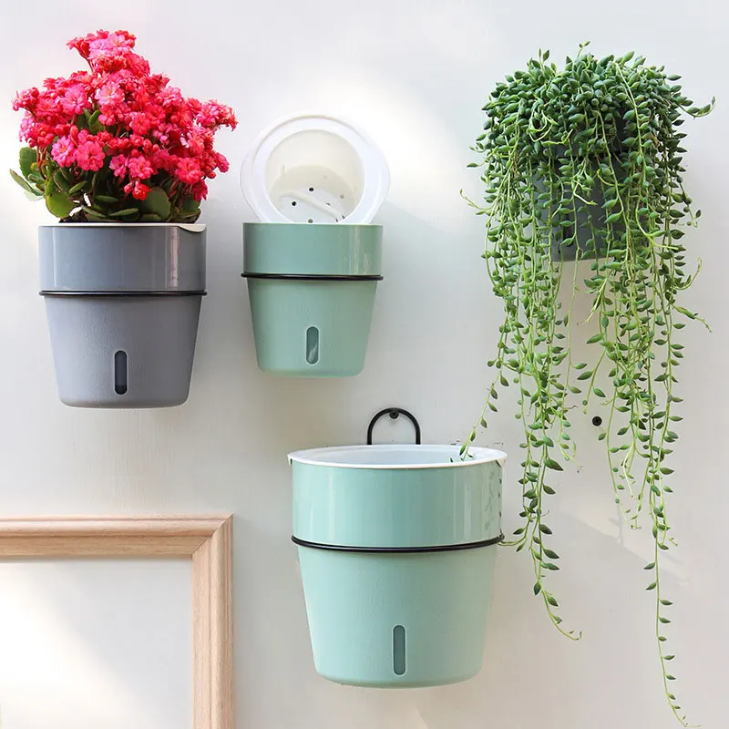 Двухслойный пластиковый цветочный горшок самополивающийся из хлопковой веревки