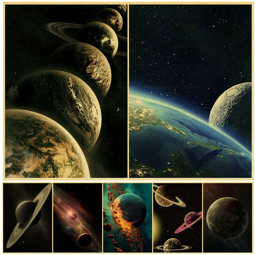 

Vintage Planets In The Solar System Posters For Coffee Bar Room Living Room Decor Kraft Paper Wall Art Painting