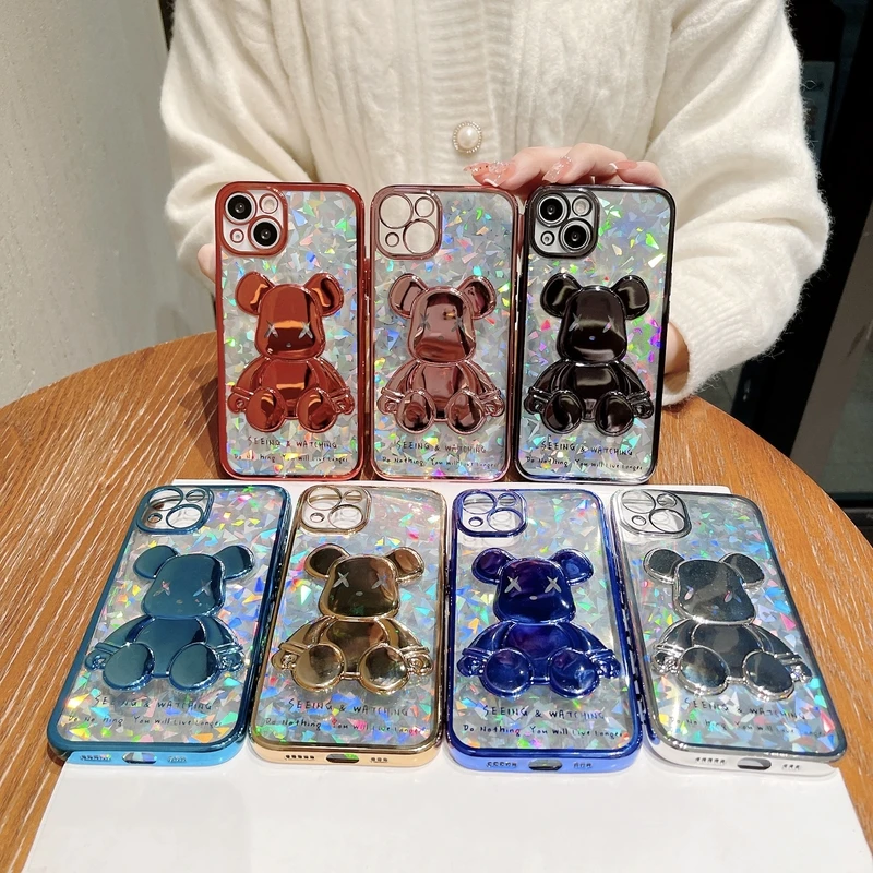 

Luxury Glitter Violent Bear Phone Case for iPhone 11 12 13 Pro Max X Xs Xr 7 8 Plus SE 2020 11Pro 13Pro Electroplate Clear Cover