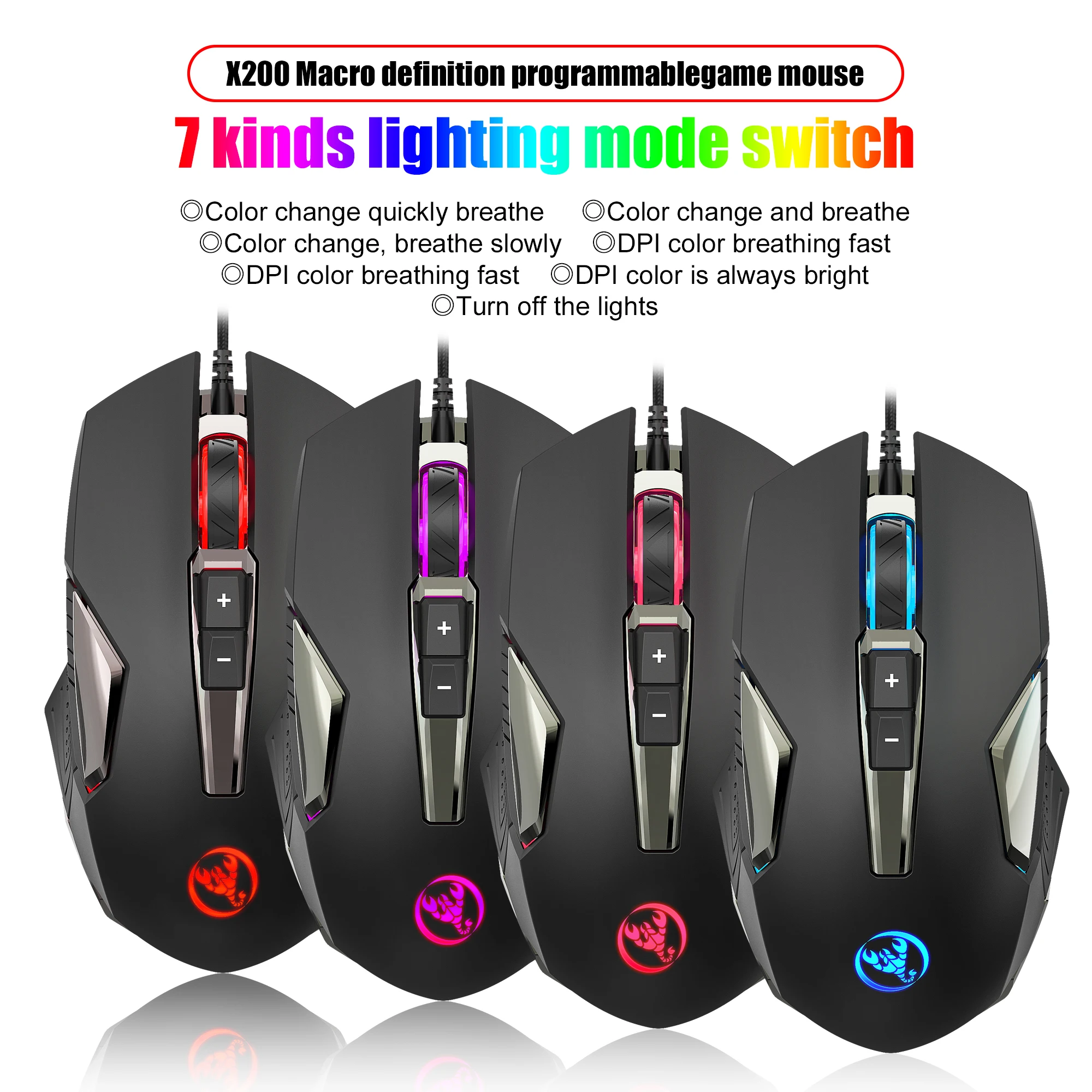 

HXSJ Wired Gaming Mouse USB Colorful Luminous Gaming Mouse Max 8000 DPI 8 Buttons Support Human Body Engineering For PC Gamer