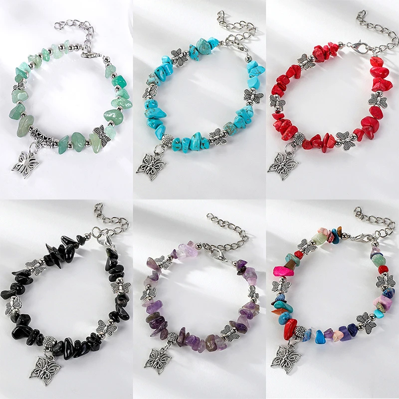 

6 Color Irregular Natural Stone Beaded Bracelet For Women Boho Colored Beads Charm Butterfly Pendant Bracelets Jewelry Gifts