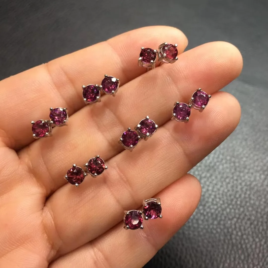 

1 Pair Fengbaowu Natural Stone Garnet Earring Ear Stud Round Faceted Bead 925 Sterling Silver Fashion Crystal Jewelry Gift