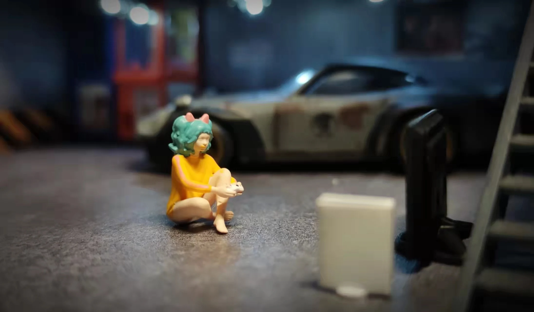 

1:64 puppet model, girl playing game console, micro-landscape props, car model scene layout ornaments