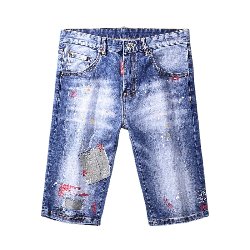 Ripped Short Jeans Men Streetwear Patches Denim Shorts Fashion Casual Dots Printed Blue Stretch Slim Fit Pants