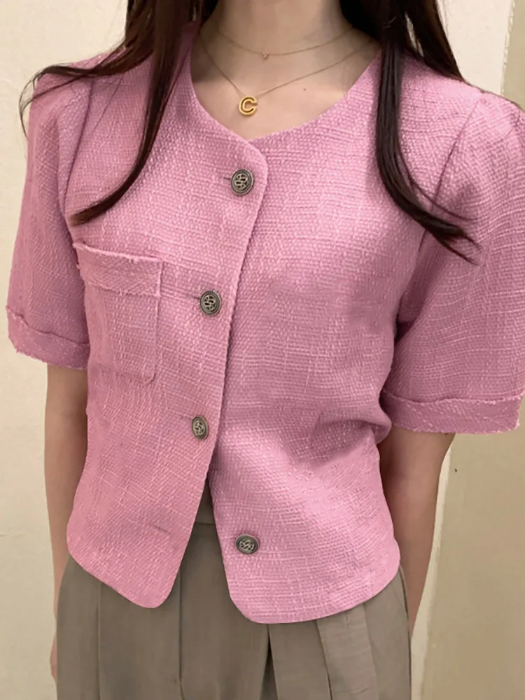 

Элегантный однотонный топ VONDA, Женская стильная блузка 2022, летние рубашки с коротким рукавом, пуговицами и круглым вырезом, Женская туника, б...