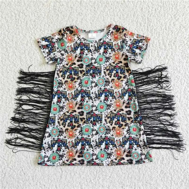 

New Arrival Baby Girl Clothes Cow Jewelry Print Mélange Summer Short Sleeve Fringed Skirt Casual Dress RTS Girls Dress