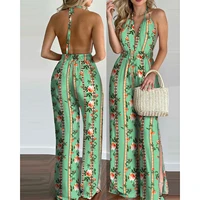 2022 new style women floral print long jumpsuits summer sleeveless deep v neck backless halter loose jumpsuit for holiday wear