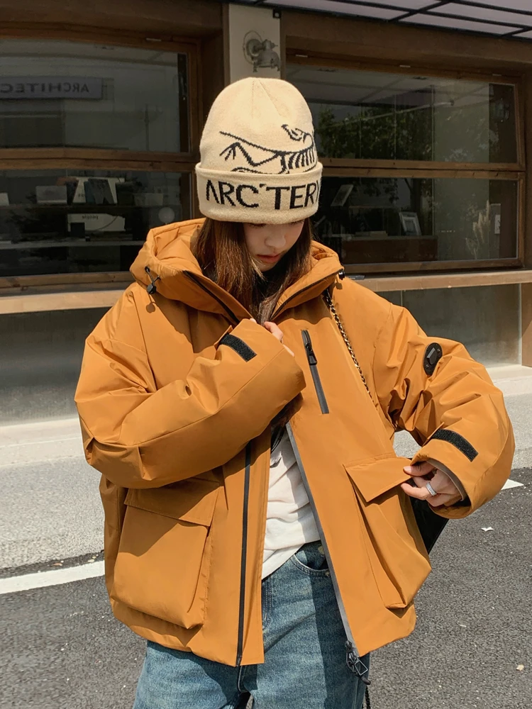 Желтая куртка-карго с капюшоном верхняя одежда женская зима 2024 новый корейский