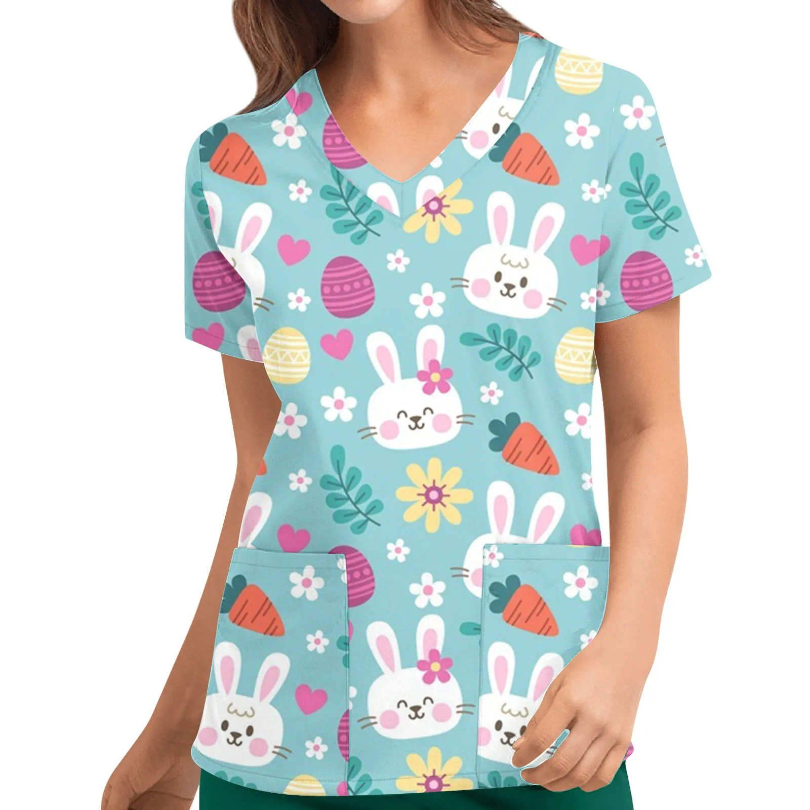 

Women Short Sleeve Tops Working Uniform Easter Day V Neck Pocket Blouse Easter Bunny Eggs Pattern Nursing Workwear T shirt A40
