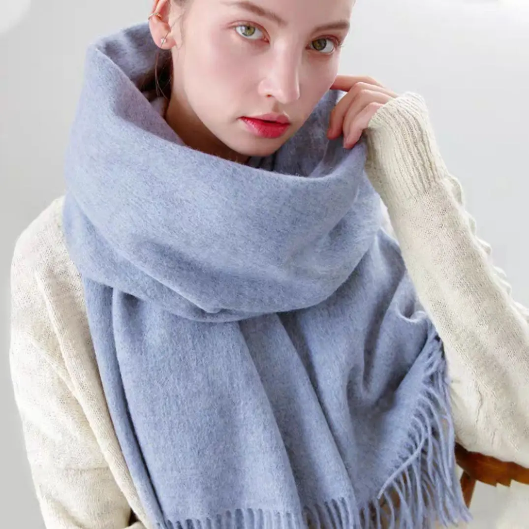 

Simple Solid Color 100% Wool Scarves Shawls New Light Blue Winter Pashmina Scarves Wraps Fashion Long Tassel Cashemere Scarf