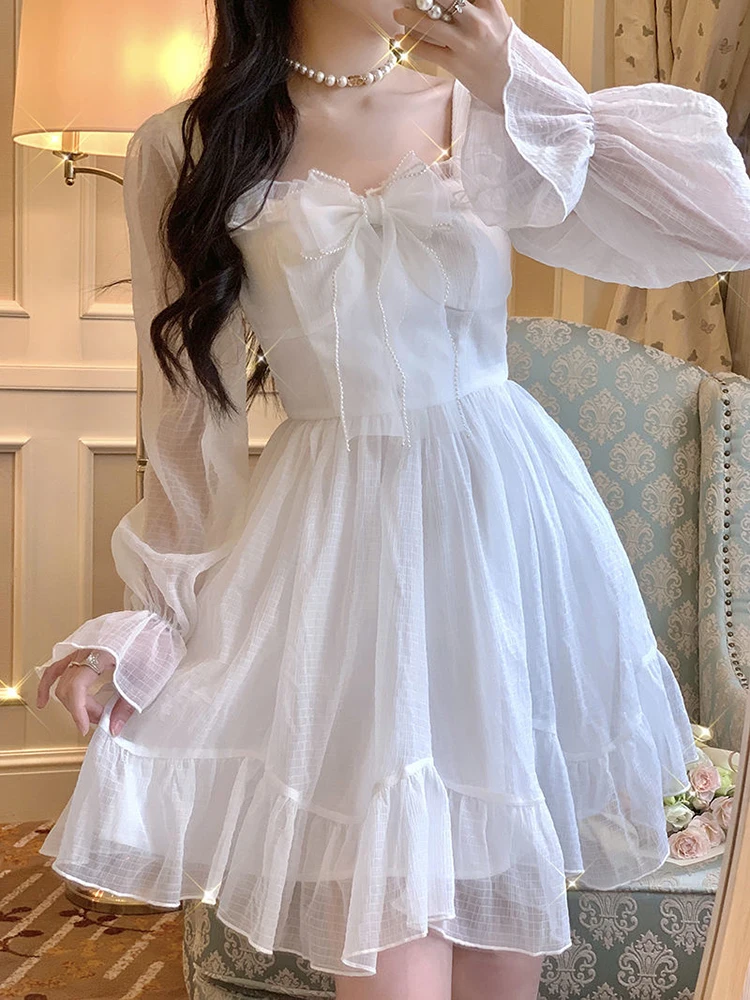 

French Sweet Fairy Lolita Dress Women Long Sleeve Lace Y2k Mini Dress Vintage Kawaii Clothes One Piece Dress Korean 2022 Spring