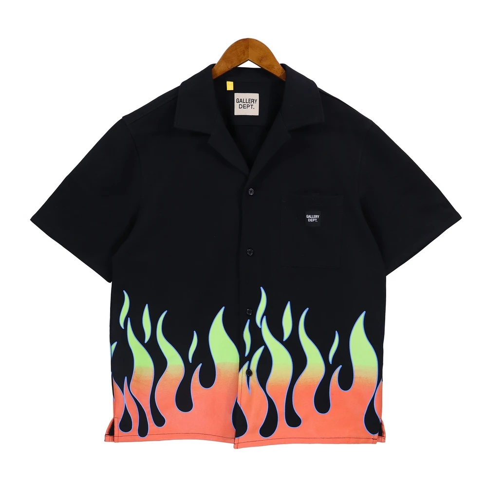 

New Fashion Flame Printed Cardigan Lapel Short Sleeve Shirt Cotton Loose Tops Hip Hop Streetwear American Style 23ss Men Shirts