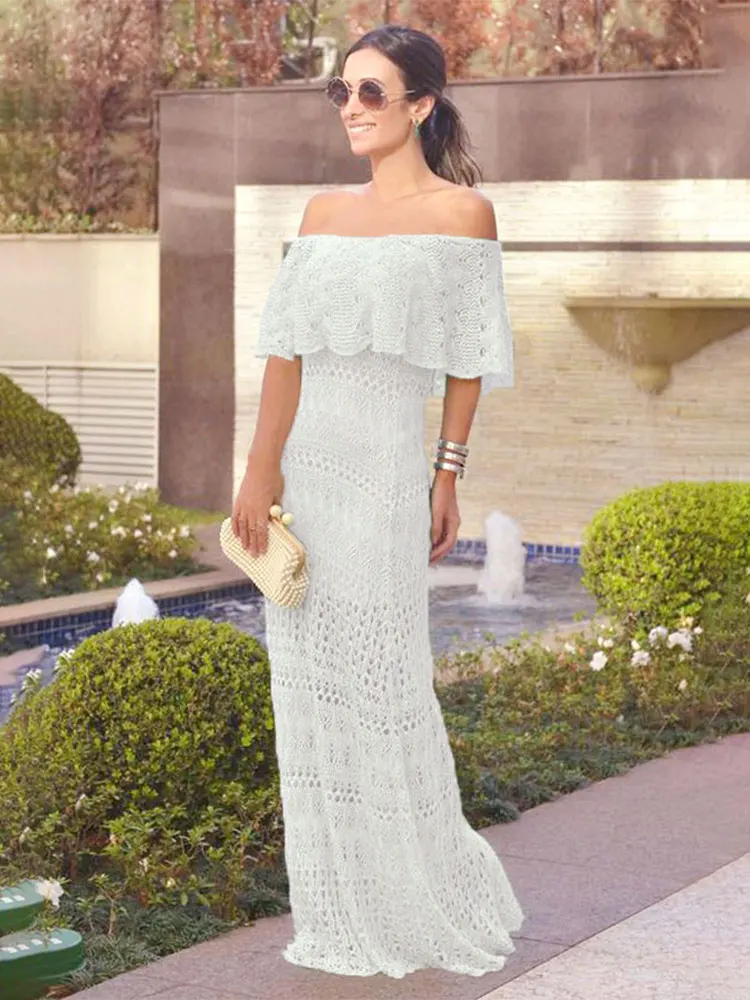 

Holiday Style Long White Crochet Tunic Sexy One-Shoulder Maxi Dress Summer Clothes Women Beach Wear Swim Suit Cover Up A1567