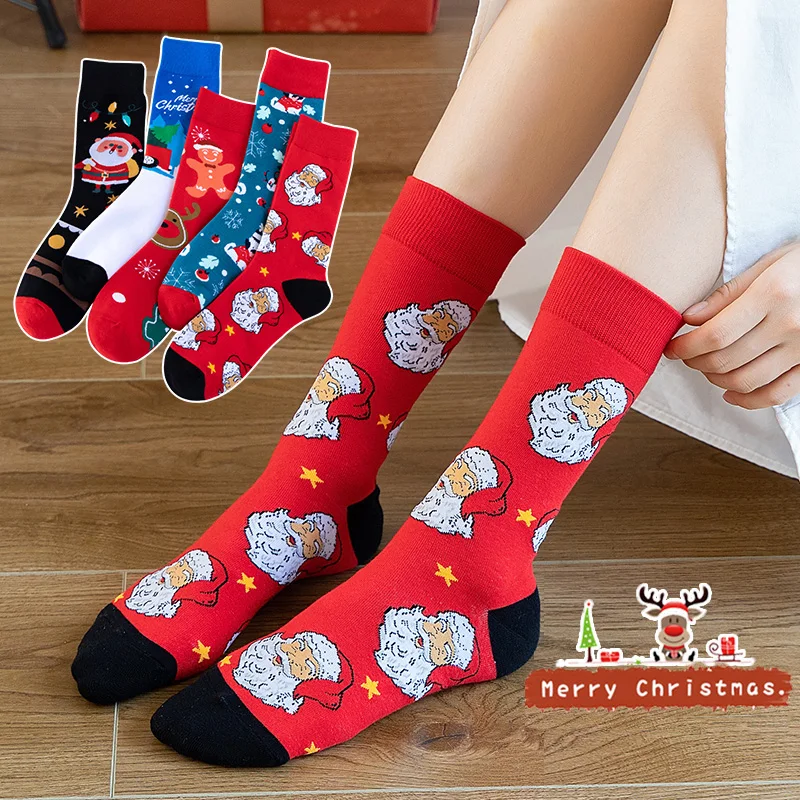 

New 2023 Christmas Happy Socks Tree Snow Elk Gift Cotton Thicken Autumn Winter Christmas Socks Women Funny New Year Santa Claus