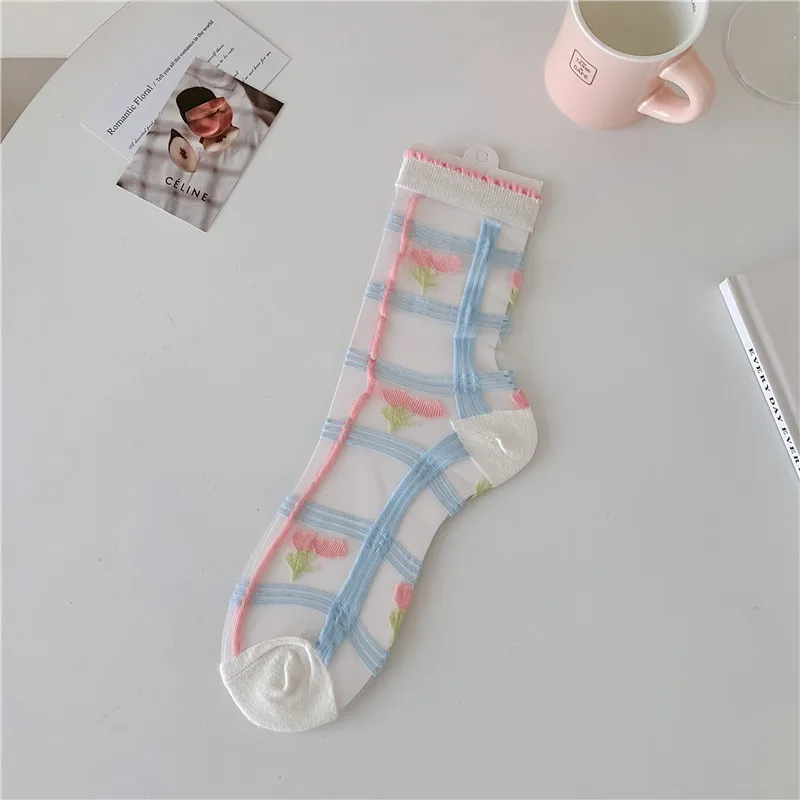 3PAIRS Women's Summer New Tulip Kanekalon Tube Socks Thin Breathable Mesh Sweet College Style Glass Stockings