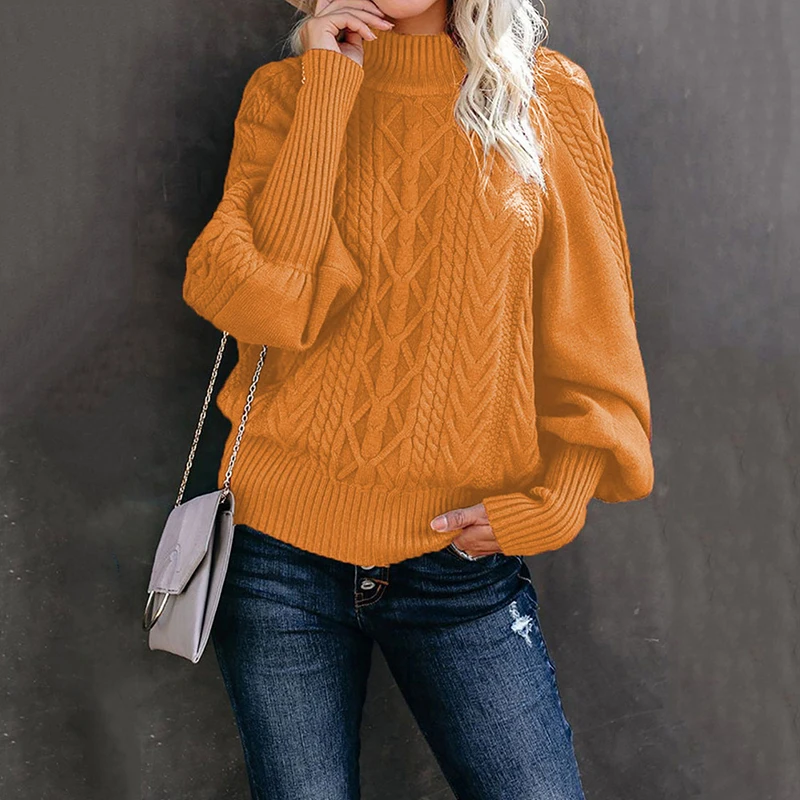 

New Women Half High Collar Lantern Sleeve Casual Sweaters Spring Autumn Solid Loose Pullover Top Elegant Streetwear