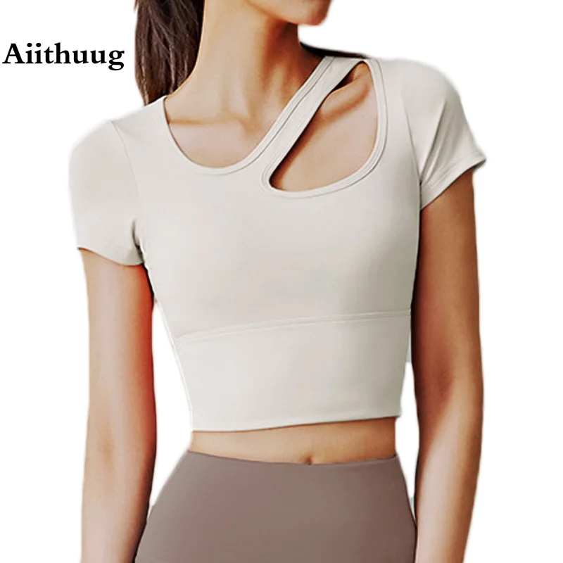 

Aiithuug Yoga Crop Top Build-in Cup Yoga Short Sleeve Workout Tops Sexy Clavicle Jogging Bra Top Gym Crops Elastic Fitness
