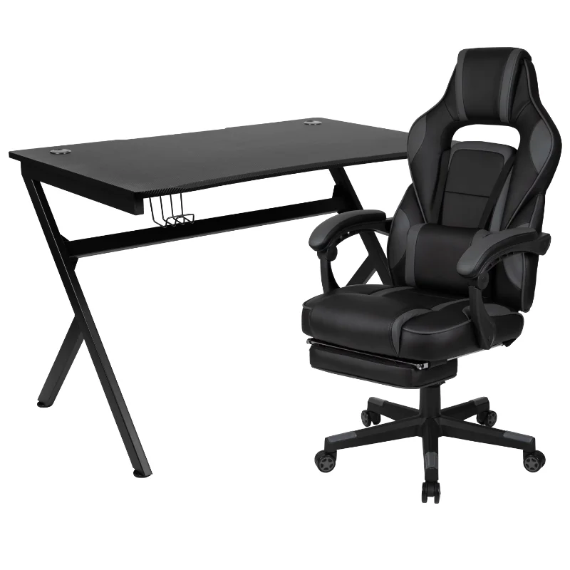 

Gaming Desk with Cup Holder/Headphone Hook/2 Wire Management Holes & Black Reclining Back/Arms Gaming Chair with Footrest
