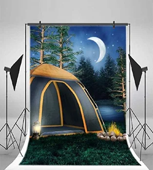 Camping Trip Night Scene Photography Backdrop Tent Green Grass Lawn Bonfire Pine Trees Background Camping Family Outdoor Party