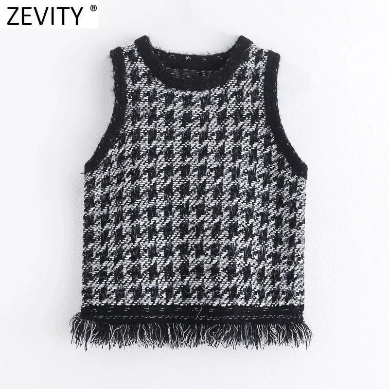 

Zevity Women Vintage O Neck Sleeveless Tweed Woolen Vest Sweater Lady Chic Houndstooth Hem Tassel Waistcoat Pullovers Tops S507