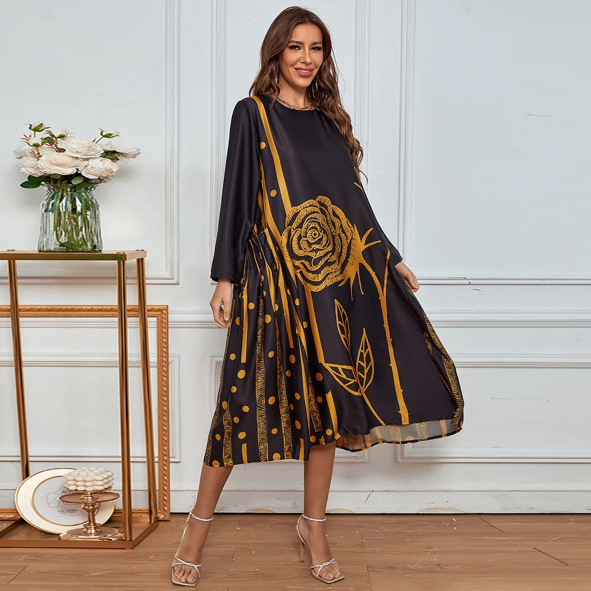 Roken Evan 2022 Women Dress Dubai Middle-Aged Women Large Flower Edi Party Unique Muslim Abaya  Size maxi dress one size 100kgs