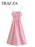 traf za slings sleeveless pink white plaid dress sweet college girl style elastic waist button decoration midi dress summer lady