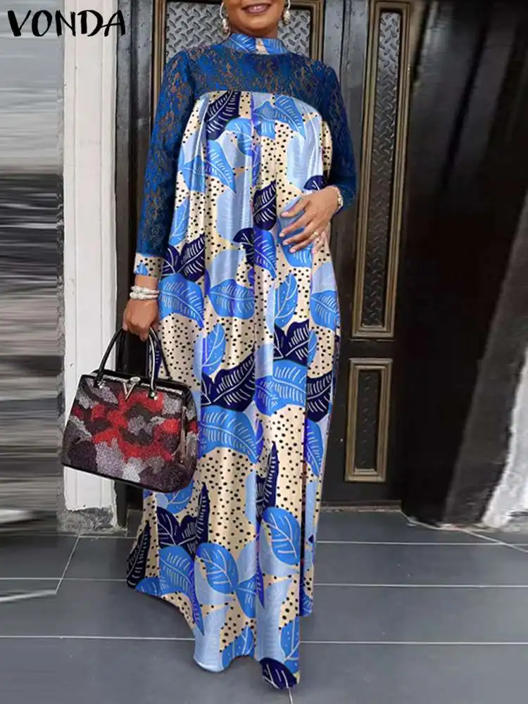 

VONDA 2022 Summer Lace Patchwork Maxi Dress Women Long Sleeve Pleated Party Dresses Casual Loose Vintage Printed Holiday Robe