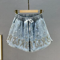 a line denim shorts womens 2022 summer new lace up elastic waist loose diamond embedded wide leg pants female jeans shorts
