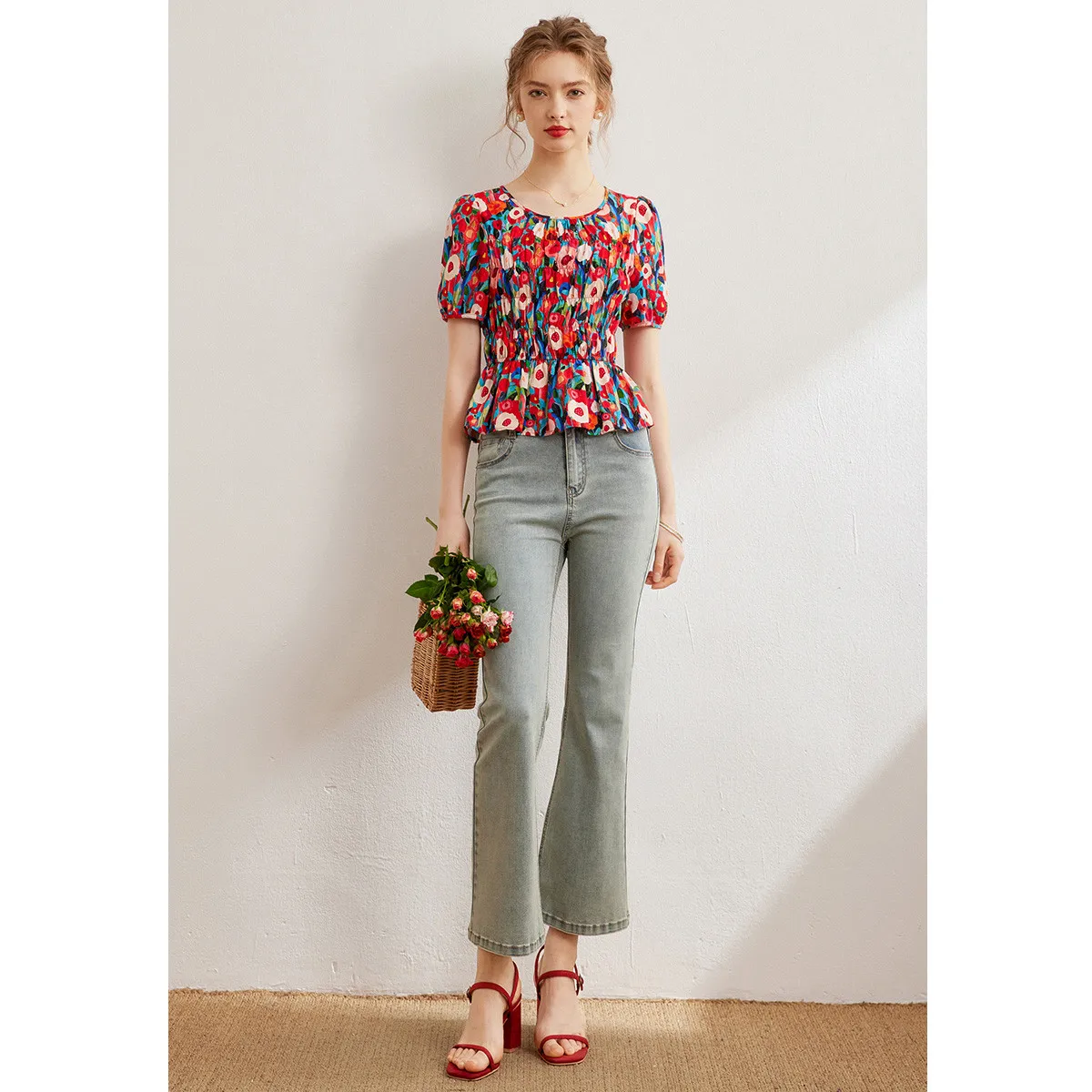 Рубашка LOUIS YAO с цветочным принтом блузки из 100% хлопка лето 2024 приталенный