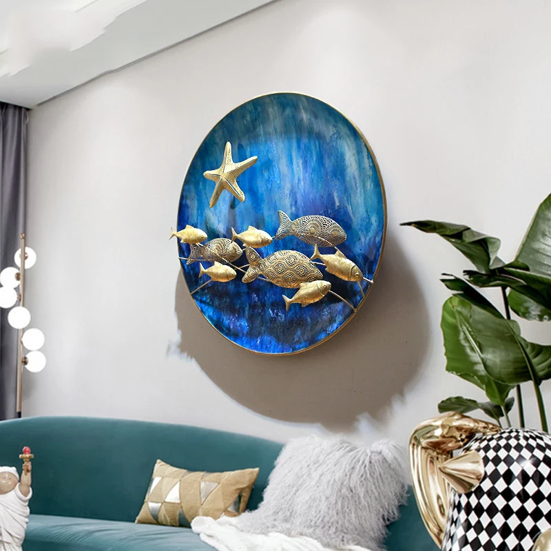 

European Wrought Iron 3D Wall Hanging Sea Fish Group Art Home Livingroom Round Wall Sticker Crafts Hotel Wall Murals Decoration