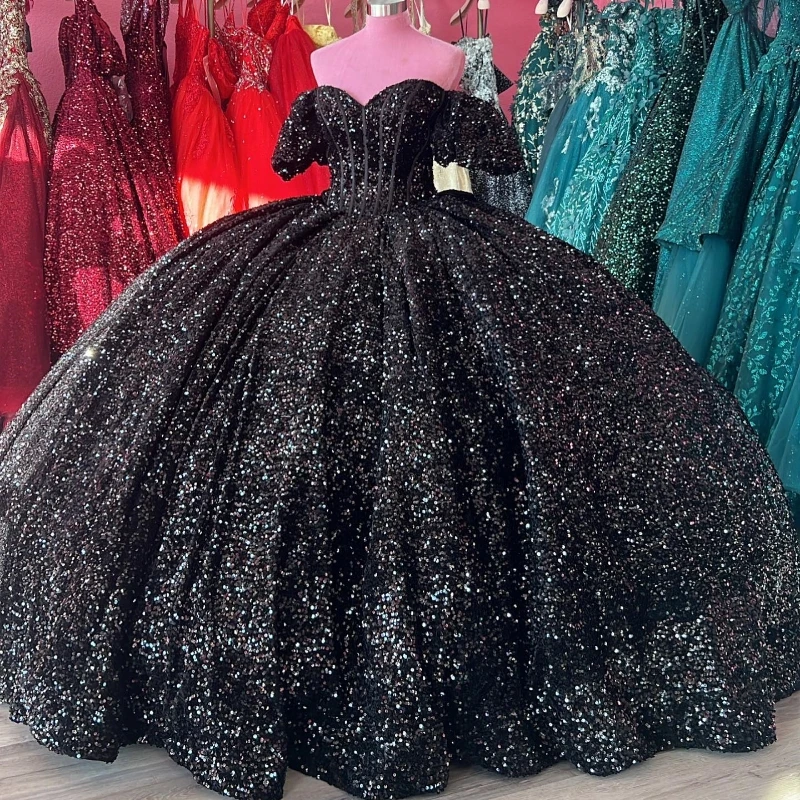 

Black Shiny Sweetheart Quinceanera Dresses Off Shoulder Sequined Beads Chapel Train Corset Prom vestido de debutante 15 anos