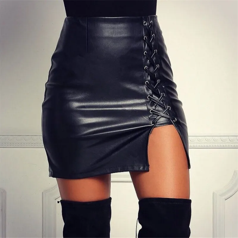 

Summer Sexy Girls Above Knee Black PU Leather Mini Skirts Spring Women High Waist Bodycon Front Split Elegant Short Skirt DS334