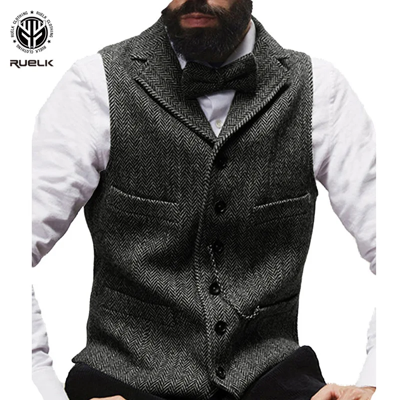 

Mens Suit Vest Lapel V Neck Wool Herringbone Casual Formal Business Single-breasted Vest Waistcoat Groomman Wedding Suit Vest