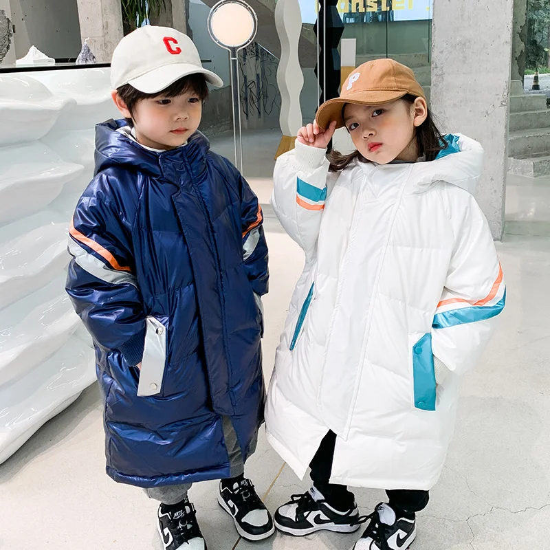 

Winter Kids White Duck Down Coats Girls Boys Waterproof Contrast Long Puffer Jackets Hooded Children Therme Outerwear 2-10 Years