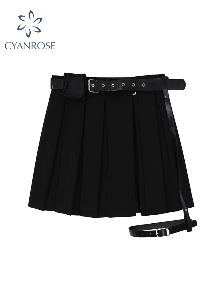 

2022 Punk Gothic Black Pleated Crop Skirts Women High Waist Belt Tide Grunge Goth Sexy Skirt Summer Y2K Fashion Egirl Clothes