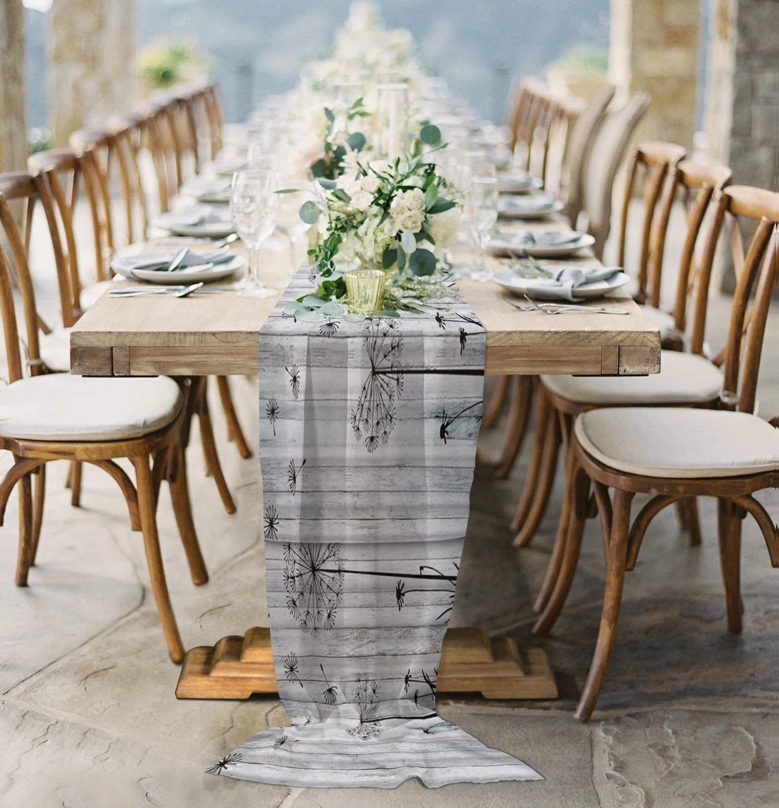 

Dandelion Flowers Wood Board Table Runner Sheer Chiffon Luxury Boho Wedding Party Birthday Gauze Tablecloth
