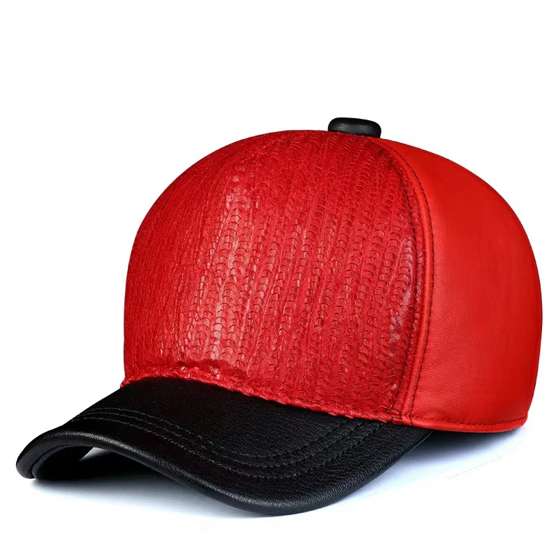 

Winter Leather Baseball Cap For Men Women Outdoor Leisure Sheepskin Duck Tongue 5 Panel Red Hats Warm Hiking Gorra With Earflap