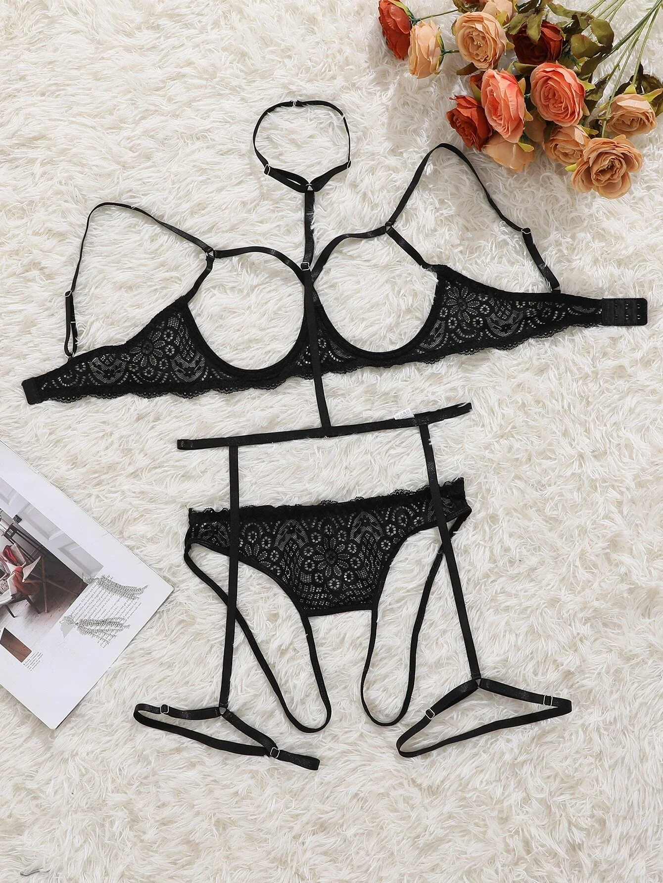 

2022 Hot Sale Floral Lace Garter Lingerie Set With Choker