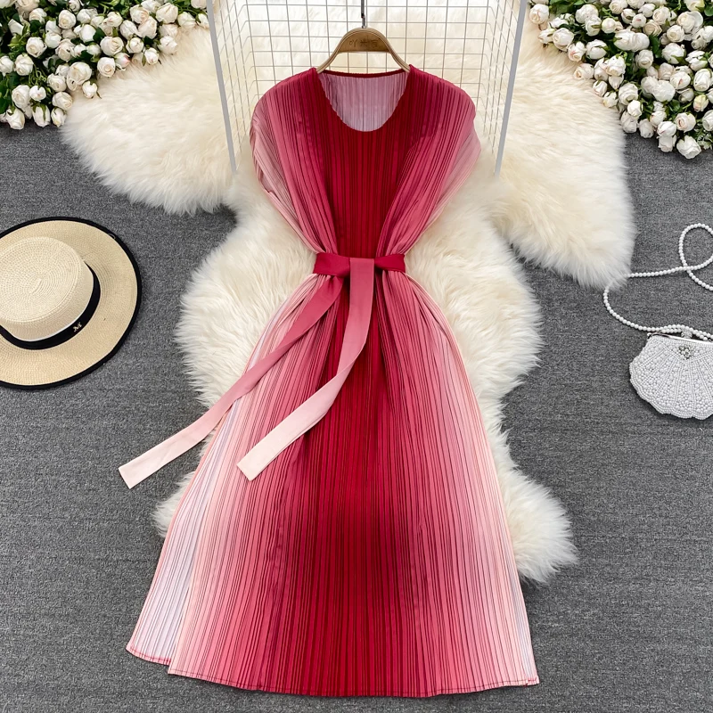 

Женское винтажное платье на бретелях, свободное Плиссированное длинное платье с градиентным принтом, Пляжная туника со складками, лето 2022