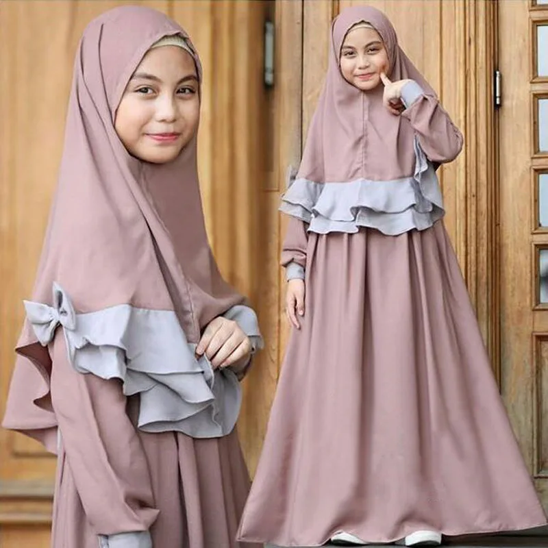 

2Pcs Muslim Girls Prayer Maxi Dress Hijab Set Abaya Arabic Kids Robe Headscarf Islam Jilbab Kaftan Ramadan Clothing Middle East
