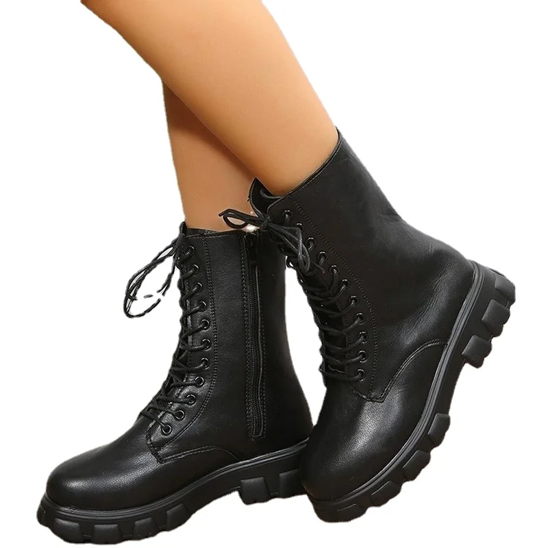 Women's Martens Boots PU Leather White Ankle Boots Autumn Winter Motorcycle Boots Fashion Female  Chunky Heel Platform Boots